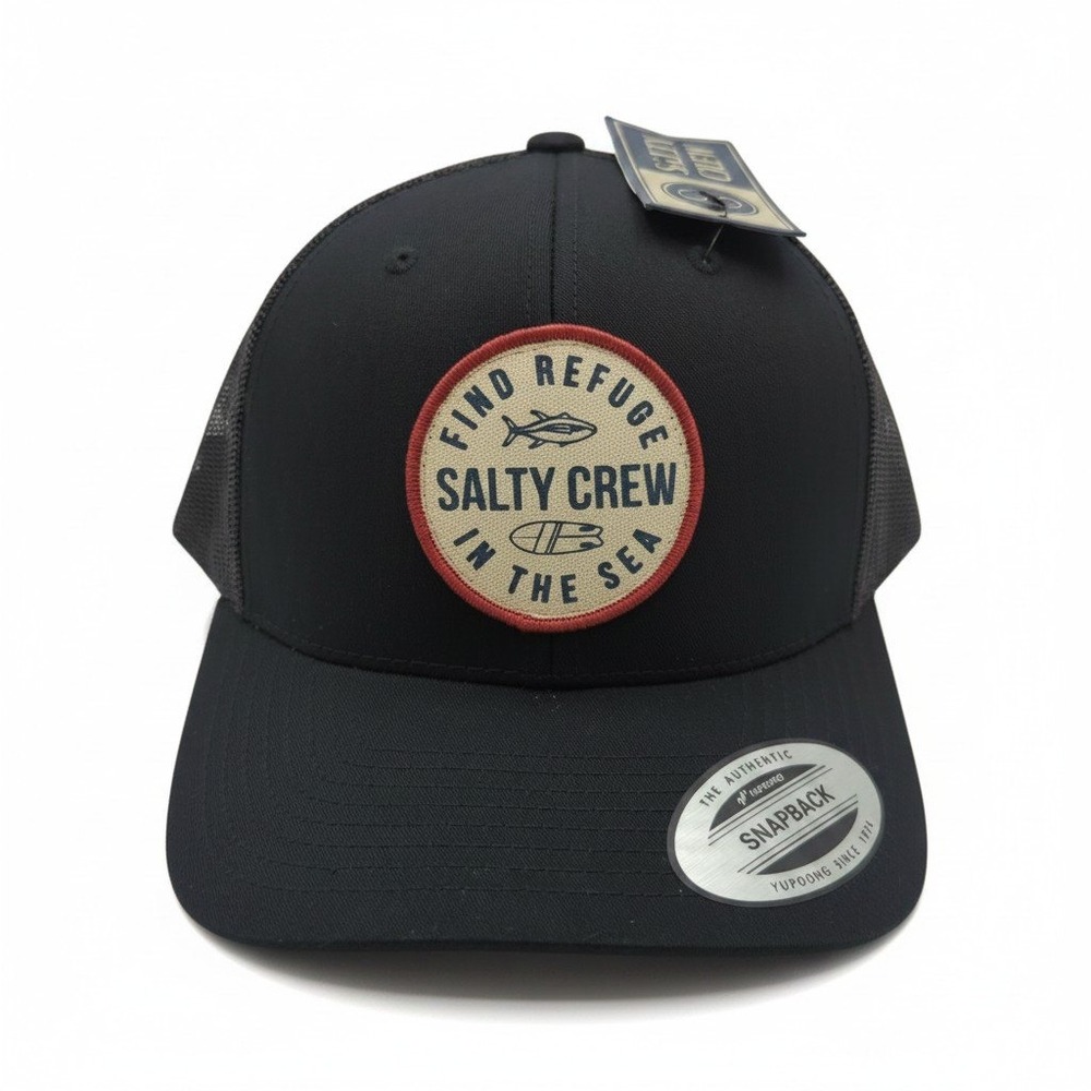 Salty Crew Flip Flop Trucker Hat Black Find Refuge In The Sea Snapback Cap NWT